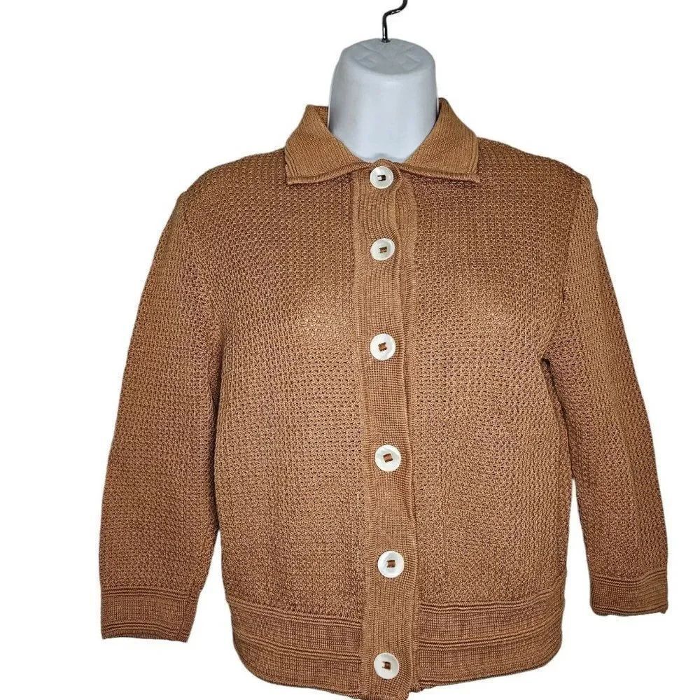 Vintage 70s Saks Cardigan Sweater Womens Size Small Brown Tan Pure Cotton